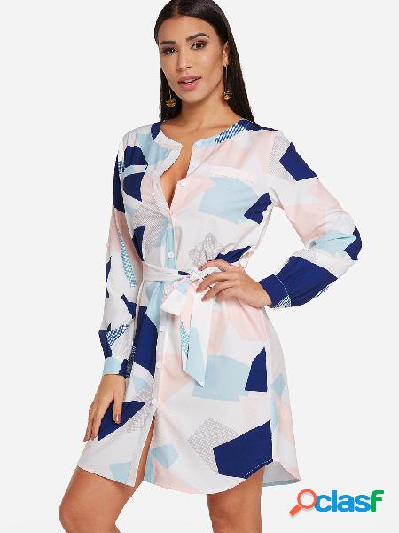 White Self-tie Design Random Geometrical Long Sleeves Shirt