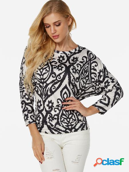 Beige Random Floral Print Round Neck Bat Sleeves T-shirt
