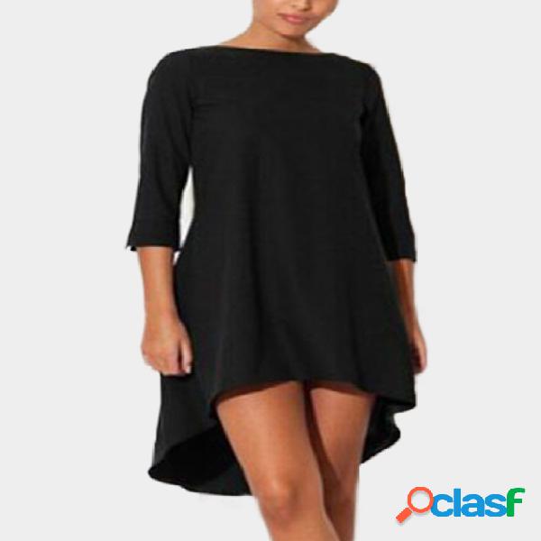 Black Crew Neck 3/4 Length Sleeves Irregular Hem Dress