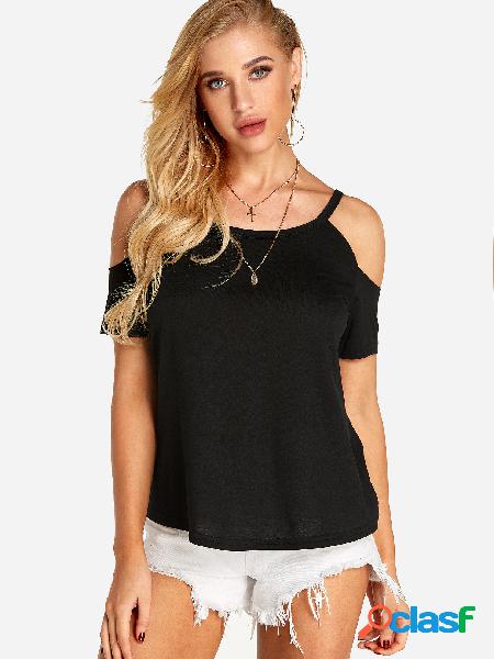 Black Plain Cold Shoulder Short Sleeves T-shirts