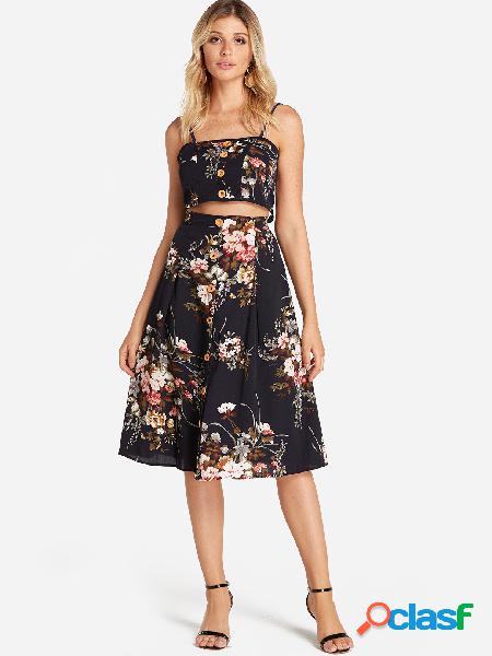 Black Random Floral Print Self-tie Design Top & Midi Skirt