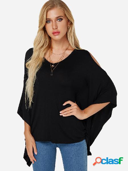 Black V-neck Cold Shoulder Bat Sleeves Loose T-shirt