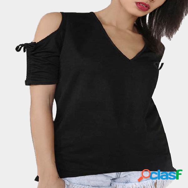 Black V-neck Cold Shoulder T-shirt