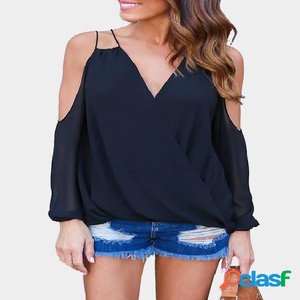 Black V-neck Cold Shoulder Top