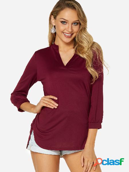 Burgundy Plain V-neck 3/4 Length Sleeves Curve Hem T-shirts