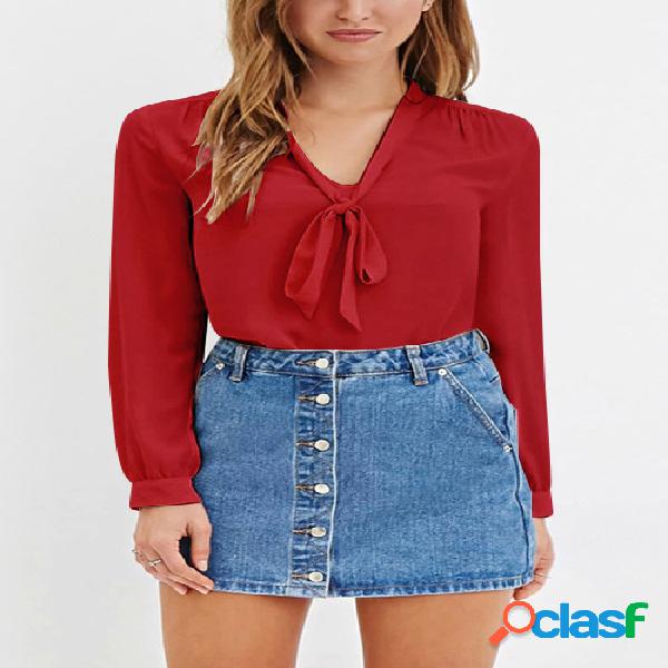 Burguny Bowknot Front V-neck Long Sleeves Blouse