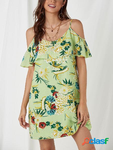 Green Random Floral Print Cold Shoulder Dress with Flouncy