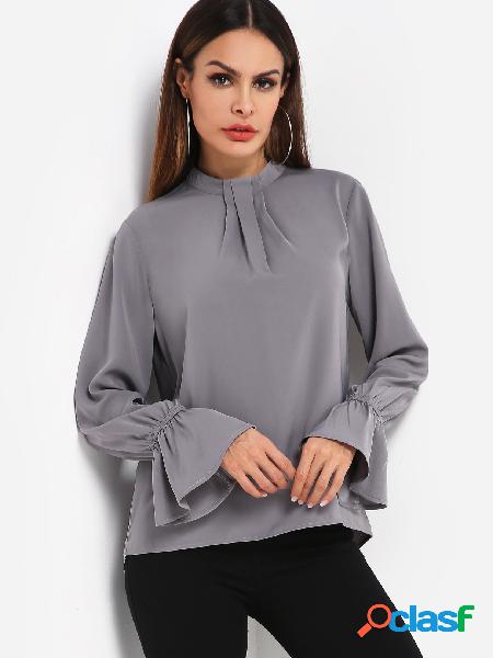 Grey Box Pleat Bell Sleeves Curved Hem Blouse