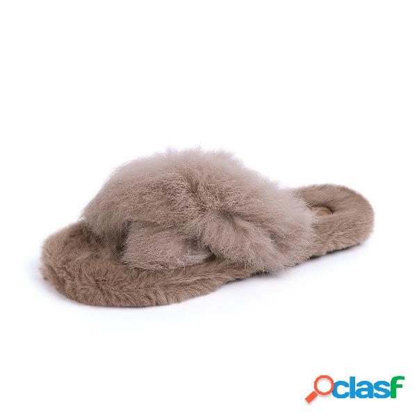 Khaki Faux Fur Cross Design Slippers