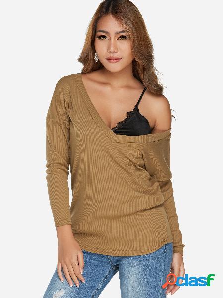Khaki One Shoulder Design Deep V-neck Long Sleeves Tee
