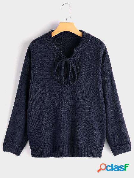 Navy Pullover Tie-up Design Long Sleeves Knitting Sweater