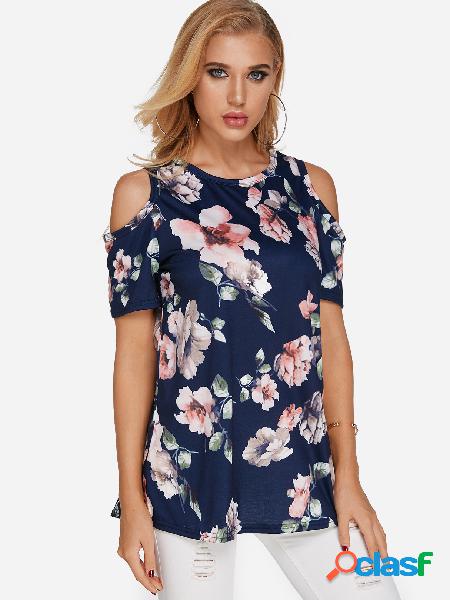 Navy Random Peony Floral Print Cold Shoulder Short Sleeves