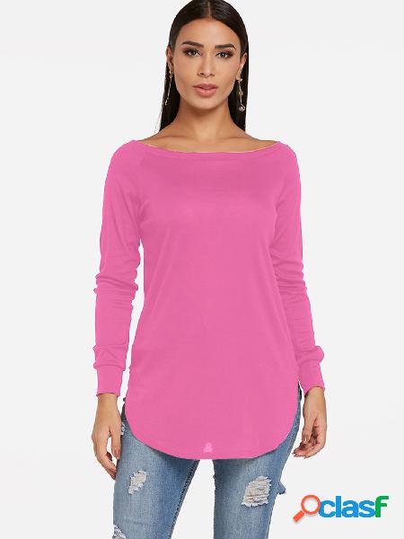 Pink Plain One Shoulder Crew Neck Long Sleeves Curve Hem