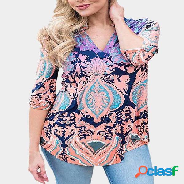 Random Floral Print V-neck Long Sleeves Curved Hem Blouses