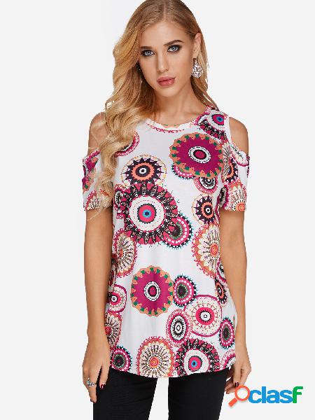 White Floral Print Cold Shoulder Short Sleeves T-shirt