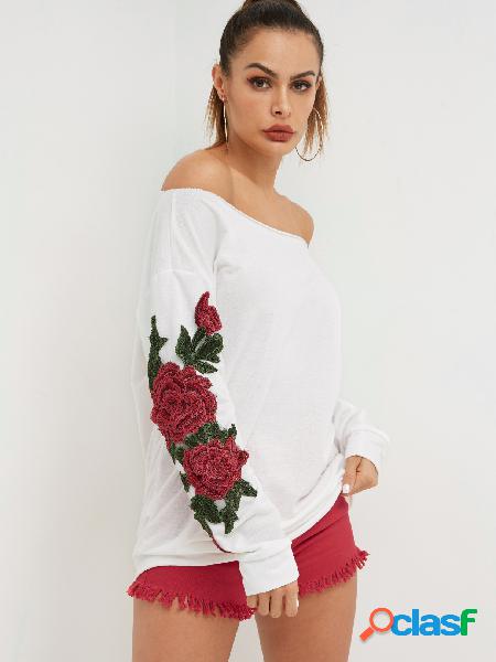 White Rose Embroidered One Shoulder Bat Sleeves Sweatshirt