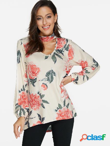 Beige Cut Out Random Floral Print Perkins Collar Long