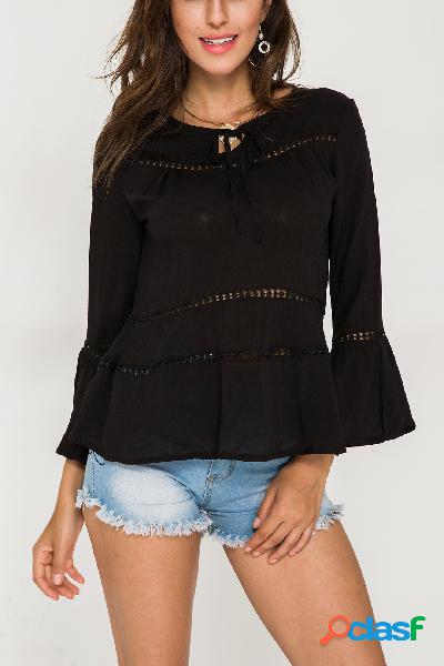 Black Hollow Out Tie-up Round Neck Bell Sleeves Blouse