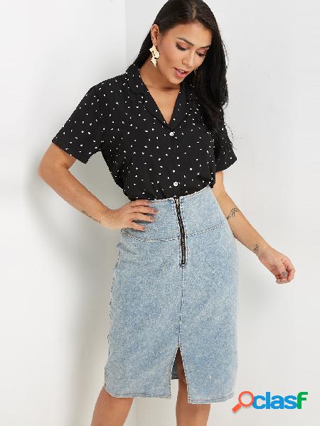 Black Polka Dot Lapel Collar Short Sleeves Blouse