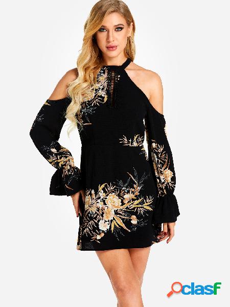 Black Random Floral Print Cold Shoulder Lantern Sleeves Mini