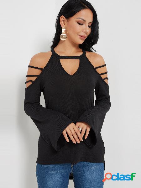 Black Round Neck Keyhole Cutout Cold Shoulder Long Bell