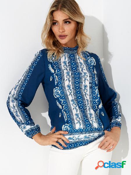 Blue Cut Out Random Floral Print Pleated Perkins Collar Long