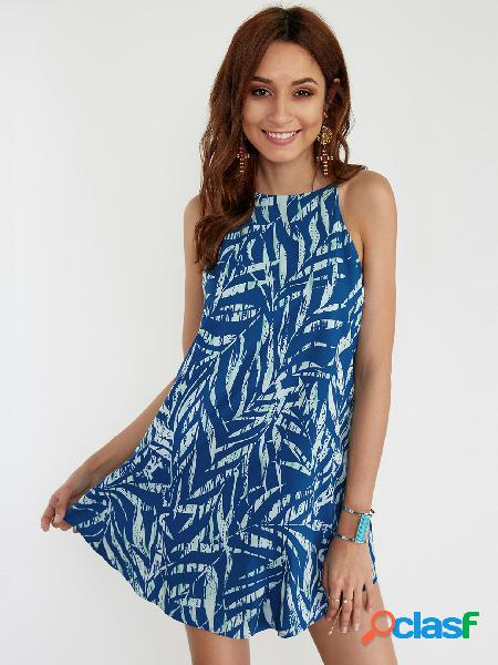 Blue Random Floral Print Sleeveless Curved Hem Dress