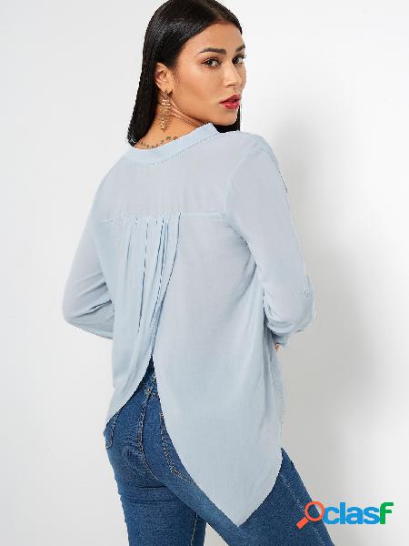 Blue Slit Design V-neck Adjustable Sleeves Length Blouse