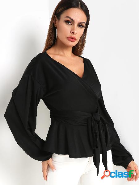 Crossed Front Design Self-tie Waist Lantern Sleeves Black