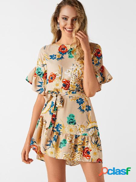 Khaki Random Floral Print Mini Dress With Half Flared