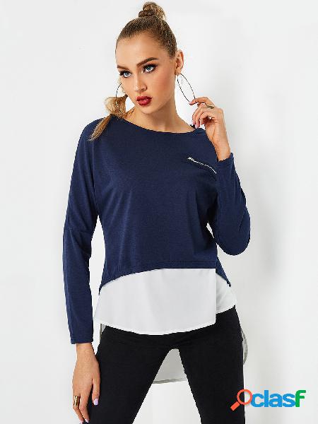 Navy Crew Neck Long Sleeves Irregular Hem 2-in-1 Top