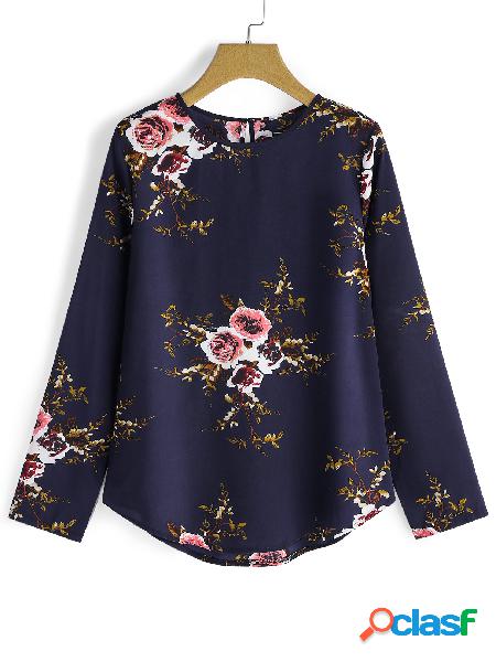 Navy Khaki Button Keyhole Random Floral Print Round Neck