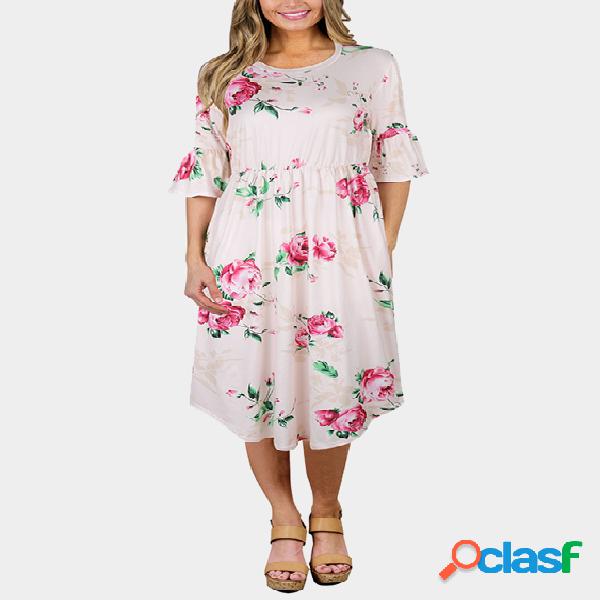Pink Floral Print Round Neck Flared Sleeves Midi Dress