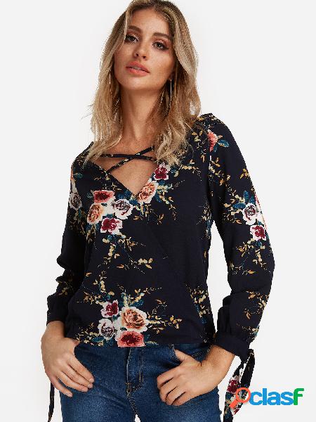 Random Floral Print Criss-cross V-neck Wrap Design Blouses