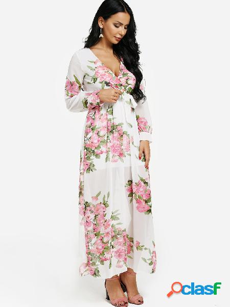 Random Floral Print Wrap V-neck Maxi Dress