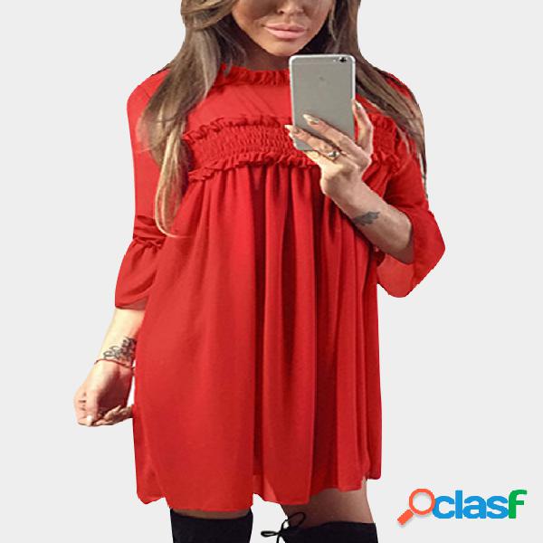 Red Ruffle Trim Crew Neck Flared Sleeves High-Waisted