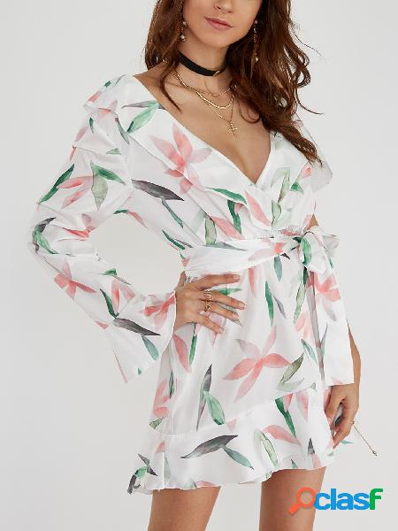 White Crossed Front Design Floral Print V-neck Wrap Dress