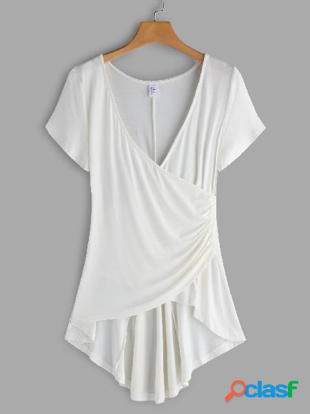 White Crossed Front Design V-neck Short Sleeves T-shirts