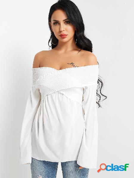 White Elastic Off Shoulder Flared Sleeve Pleated Top