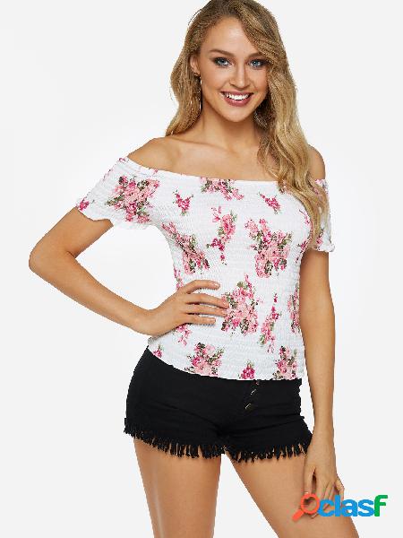 White Random Floral Print Off Shoulder Smocking Top