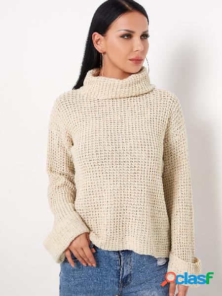 Beige Plain Roll Neck Long Sleeves Regular Fit Casual