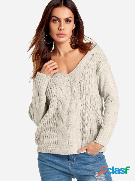 Beige V-neck Long Sleeves Causal Loose Jumper