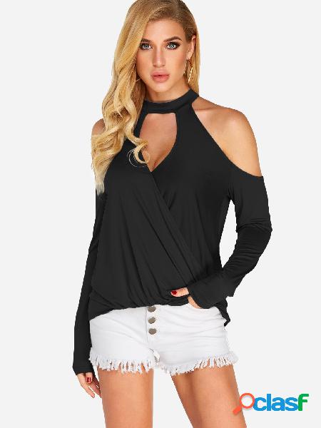 Black Crossed Front Design Halter Long Sleeves T-shirt