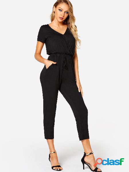 Black Crossed Front Design Plain Drawstring Waist Jumpsuit