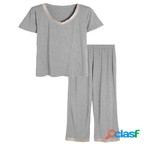 Black V-neck Short Sleeves Pajama Set