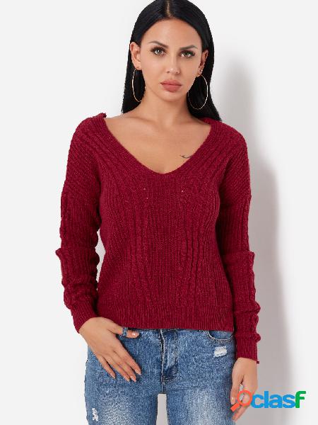 Burgundy Crossed Back Design V-neck Long Sleeves Cable