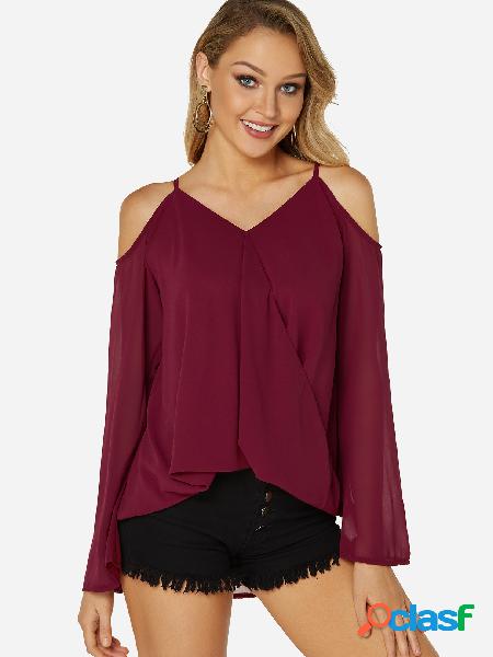 Burgundy Crossed Front Design Cold Shoulder Parially Lined