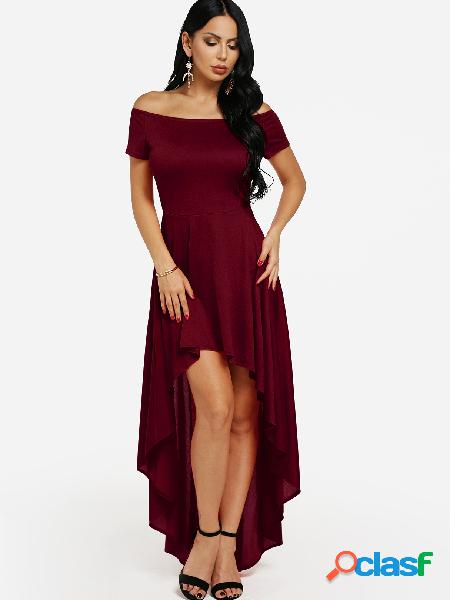 Burgundy Off-The-Shoulder Hi-Lo Flared Dress