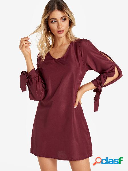 Burgundy Self-tie Design Cold Shoulder Long Sleeves Dress