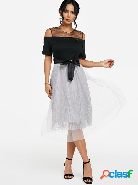 Cutout Cold Shoulder Stitching A-line Mesh Flared Dress in